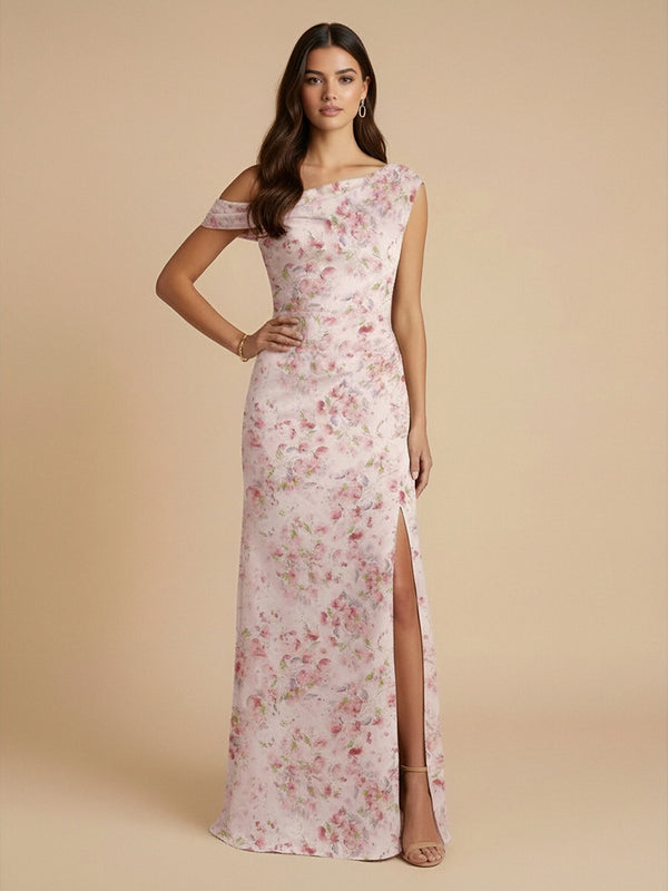 Floral Mermaid One Shoulder Long Bridesmaid Dresses with Front Slit