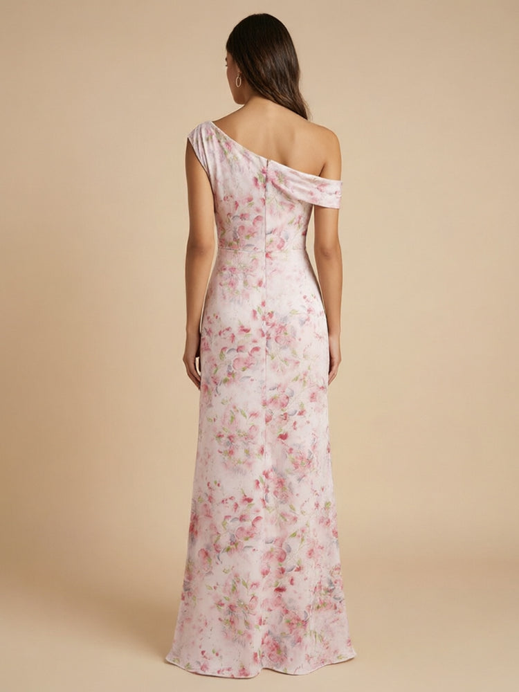 Floral Mermaid One Shoulder Long Bridesmaid Dresses with Front Slit
