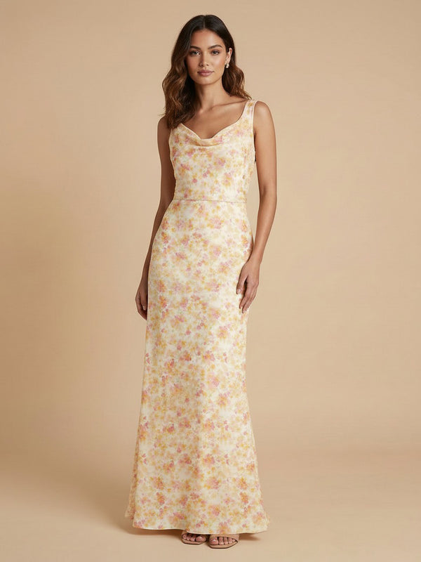 Floral Mermaid Cowl Neck Long Simple Bridesmaid Dresses