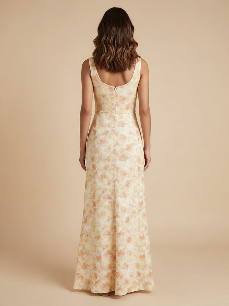 Floral Mermaid Cowl Neck Long Simple Bridesmaid Dresses