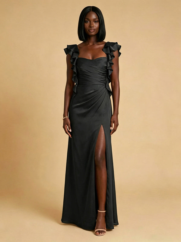 Chiffon Mermaid Boat Neck  Long Bridesmaid Dresses with Side Slit