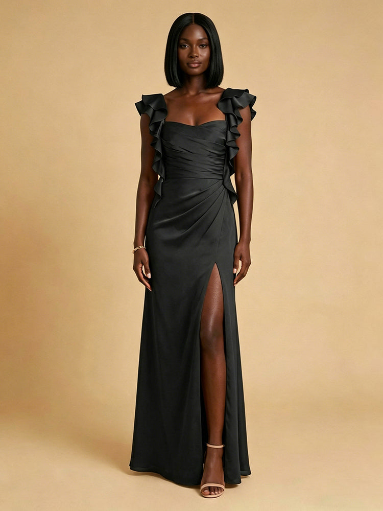 Chiffon Mermaid Boat Neck  Long Bridesmaid Dresses with Side Slit