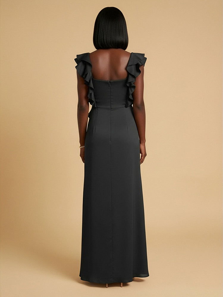 Chiffon Mermaid Boat Neck  Long Bridesmaid Dresses with Side Slit