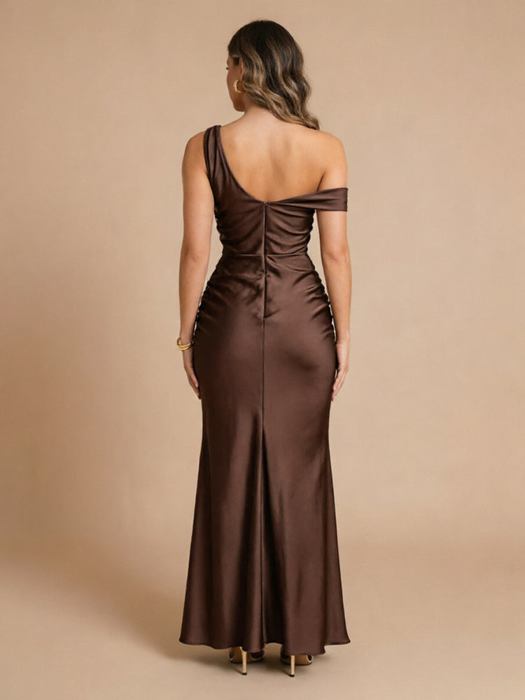 Satin Mermaid One Shoulder Long Bridesmaid Dresses with Front Slit