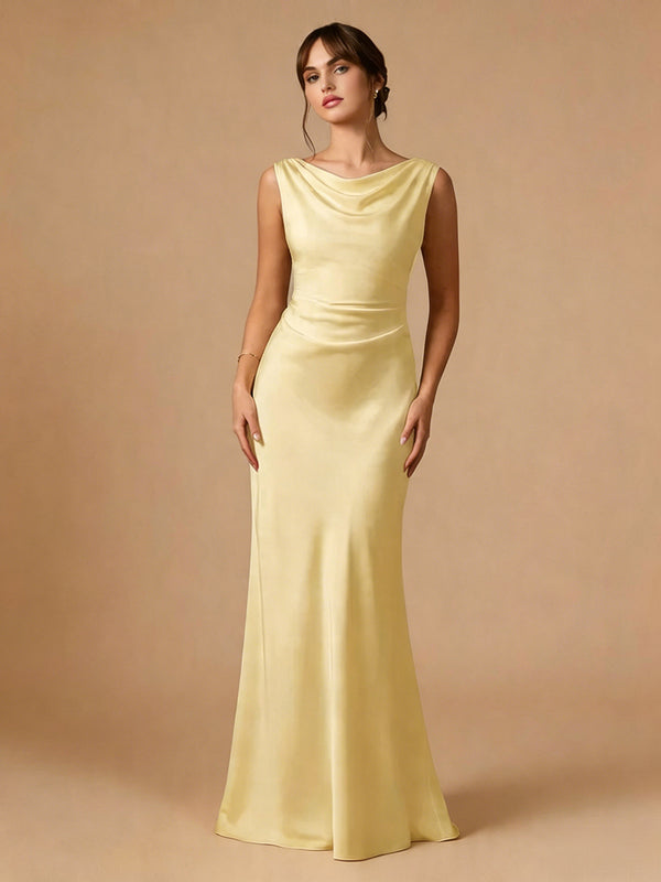Satin Mermaid Cowl Neck Floor Length Ruched Bridesmaid Dresses