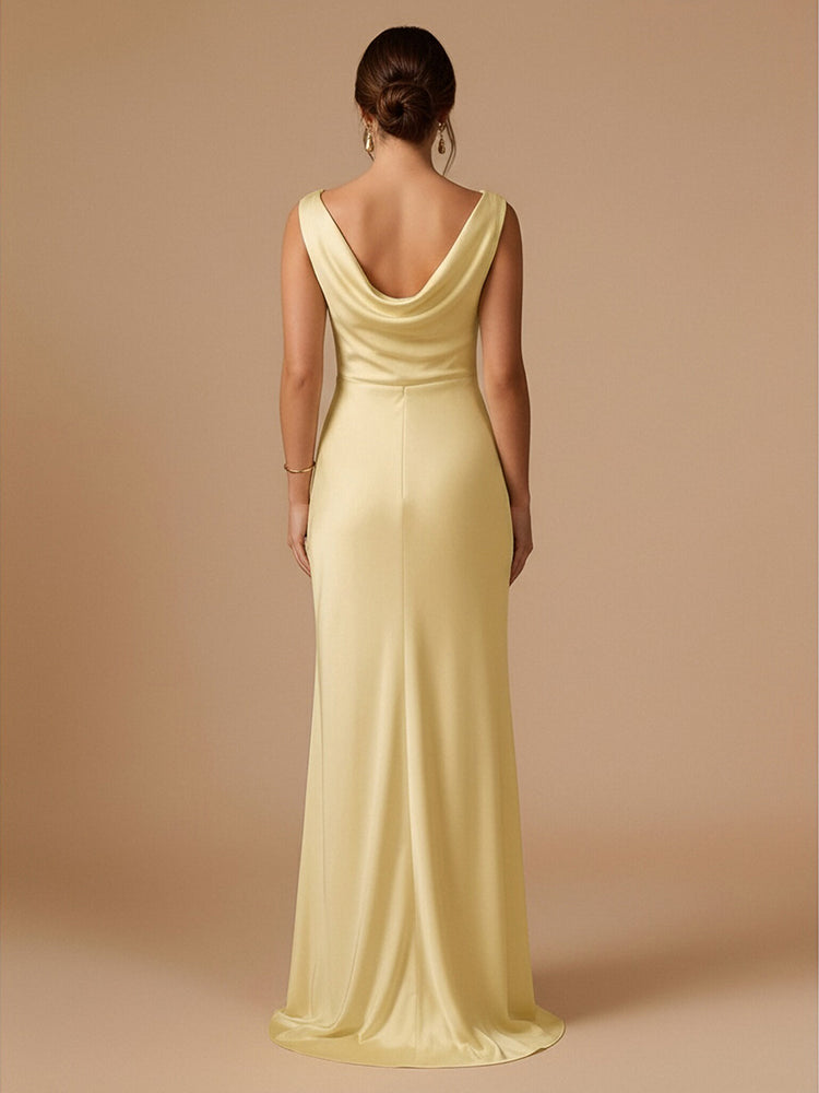 Satin Mermaid Cowl Neck Floor Length Ruched Bridesmaid Dresses