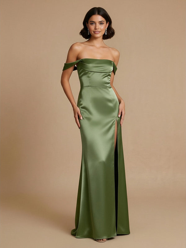Satin Mermaid Off the Shoulder Long Bridesmaid Dresses with Side Slit