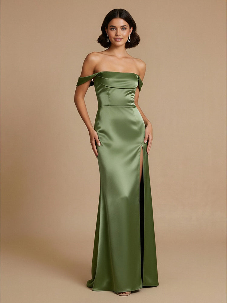 Satin Mermaid Off the Shoulder Long Bridesmaid Dresses with Side Slit