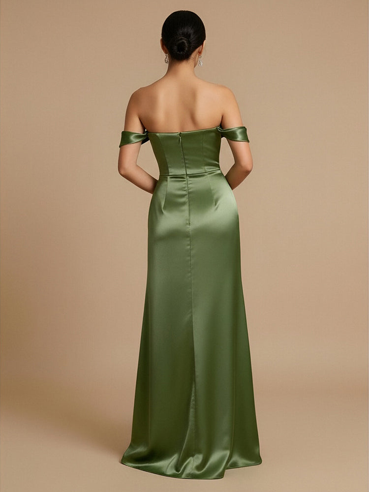 Satin Mermaid Off the Shoulder Long Bridesmaid Dresses with Side Slit