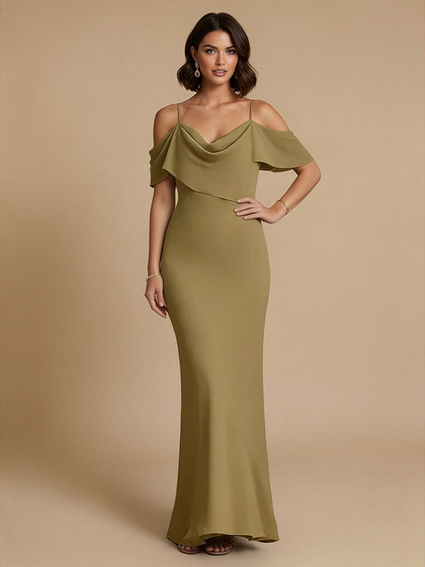 Jersey Mermaid Spaghetti Straps Long Bridesmaid Dresses with Ruffles