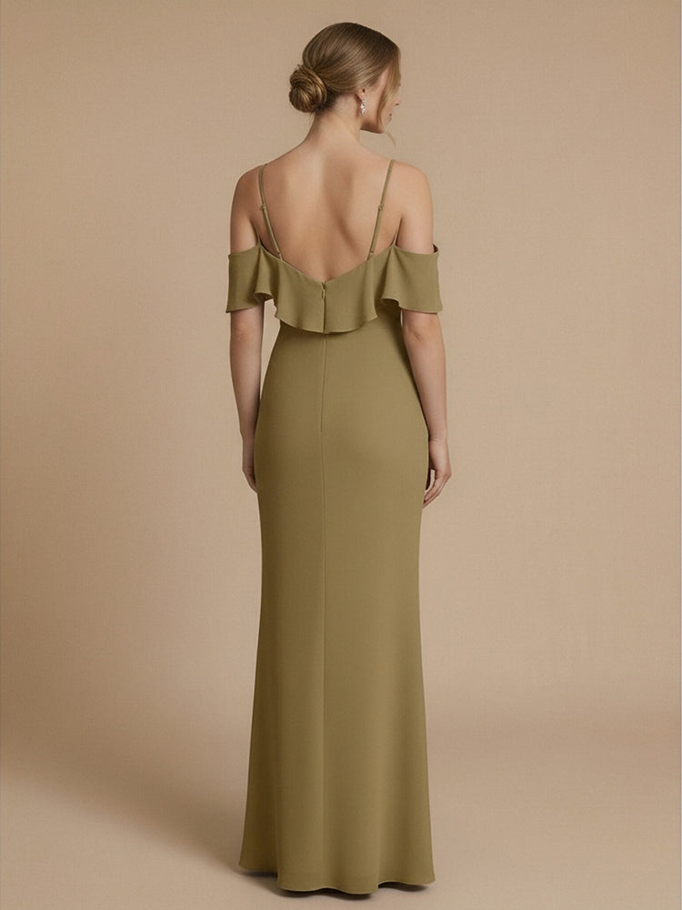Jersey Mermaid Spaghetti Straps Long Bridesmaid Dresses with Ruffles