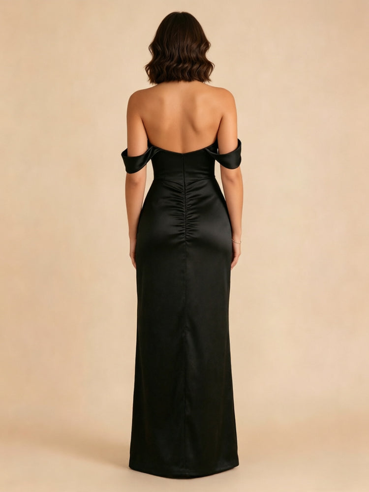 Satin Mermaid Off the Shoulder Long Bridesmaid Dresses with Front Slit