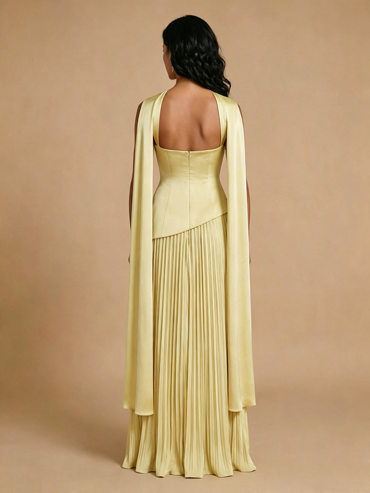 Satin A-Line Square Neck Long Bridesmaid Dresses with Side Slit