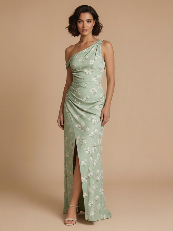 Floral Mermaid Off the Shoulder Long Bridesmaid Dresses with Slit