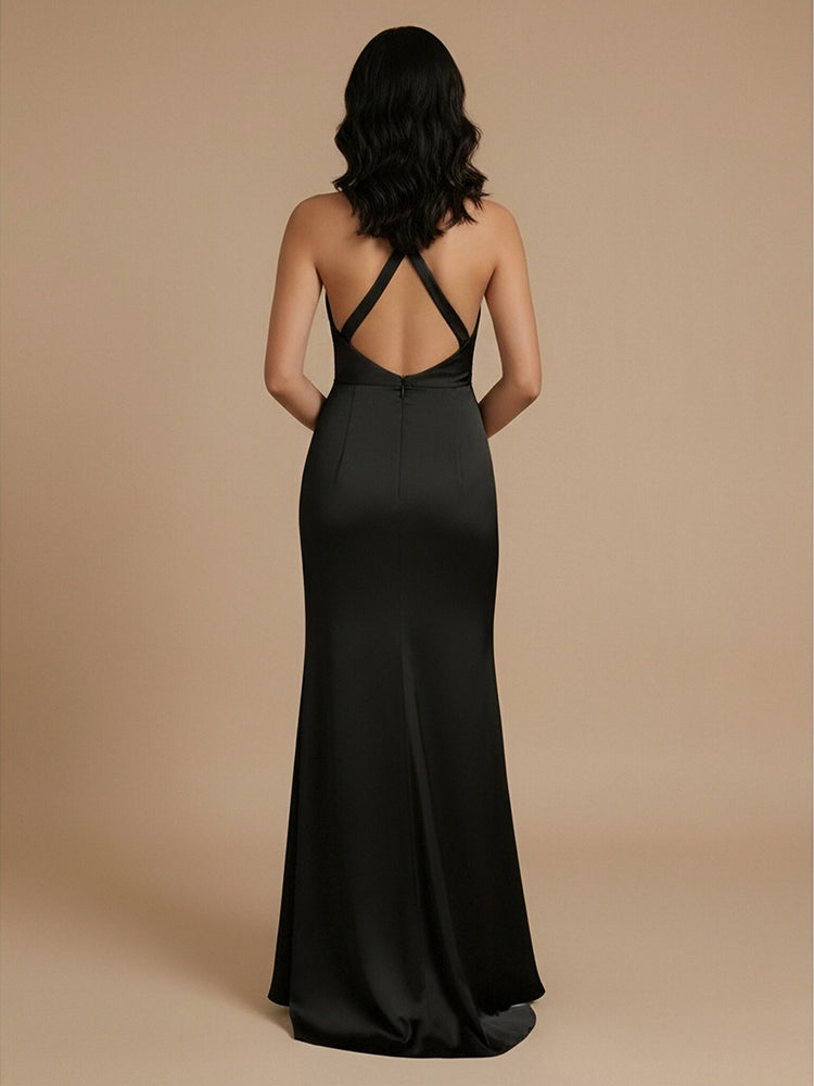 Satin Mermaid Halter Sleeveless Long Simple Bridesmaid Dresses
