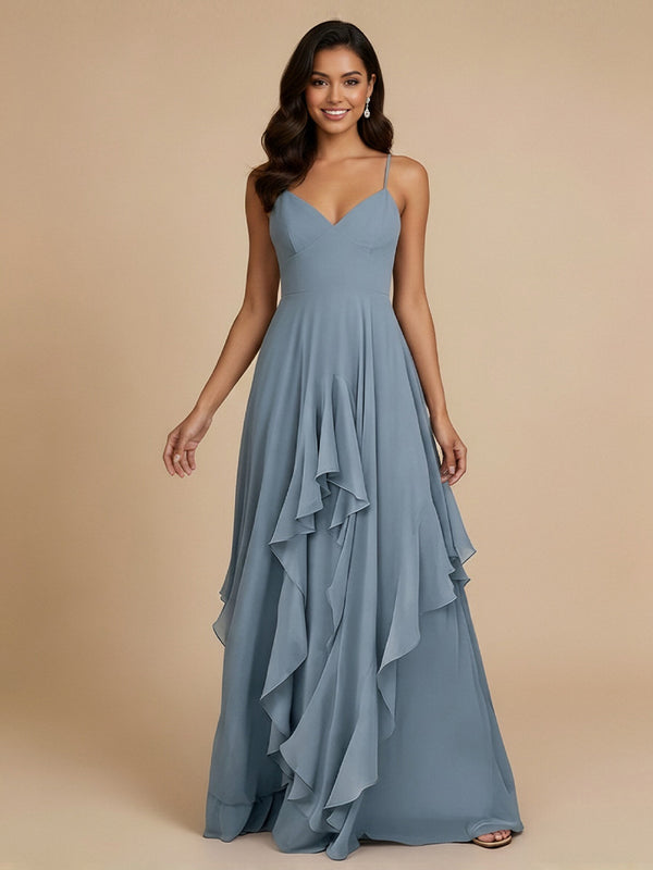 Chiffon A-Line Spaghetti Straps Long Bridesmaid Dresses with Ruffles