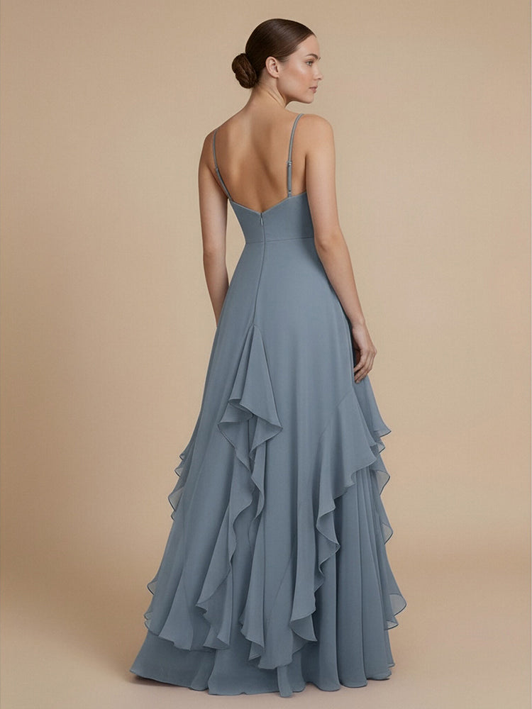 Chiffon A-Line Spaghetti Straps Long Bridesmaid Dresses with Ruffles
