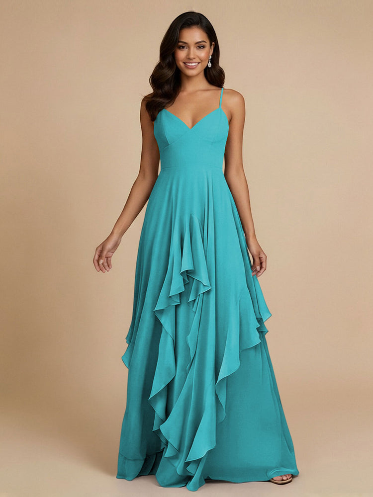Chiffon A-Line Spaghetti Straps Long Bridesmaid Dresses with Ruffles