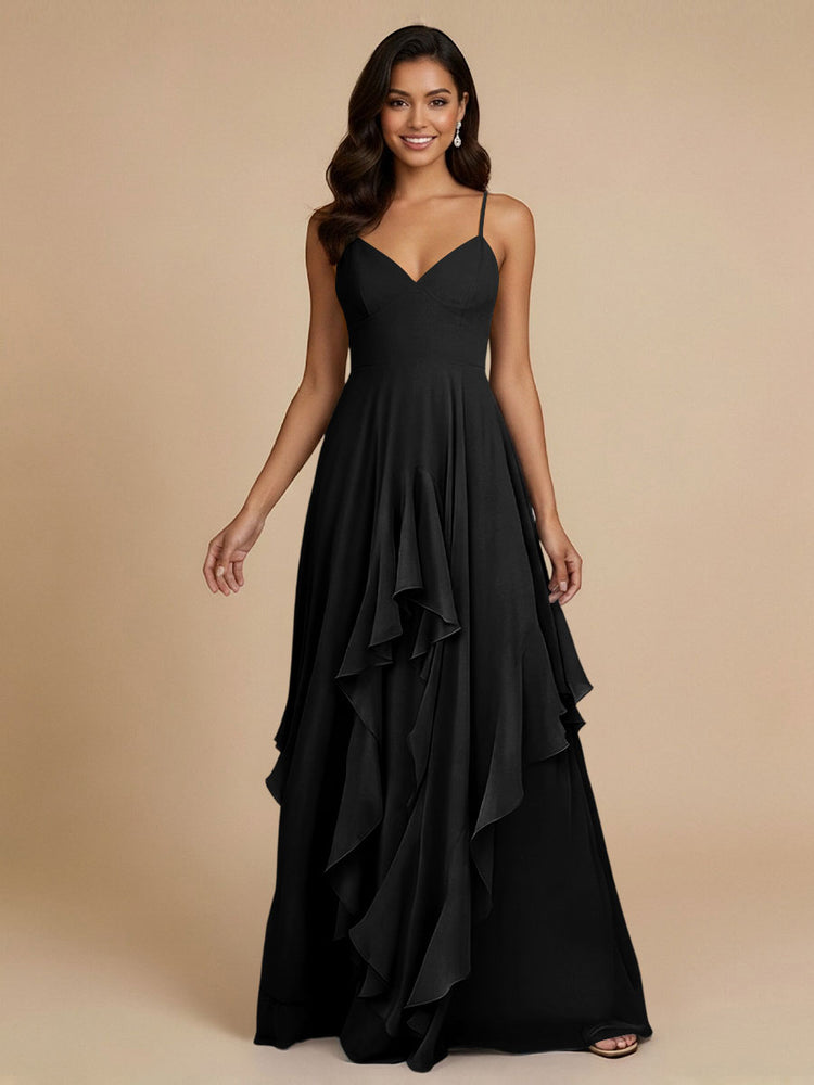 Chiffon A-Line Spaghetti Straps Long Bridesmaid Dresses with Ruffles