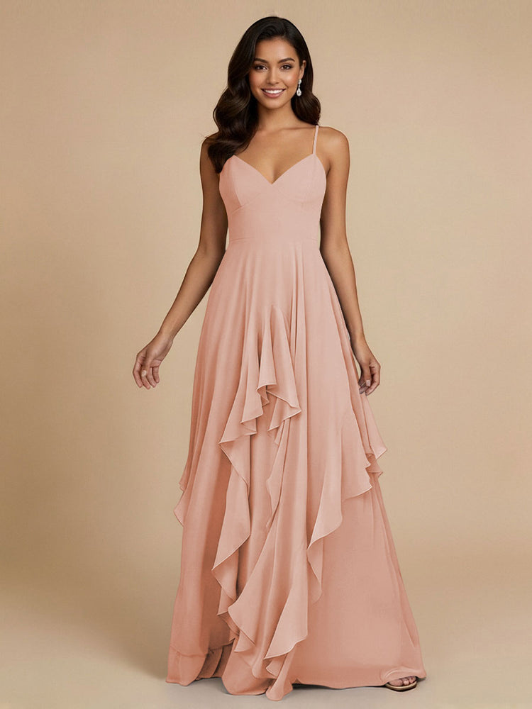 Chiffon A-Line Spaghetti Straps Long Bridesmaid Dresses with Ruffles
