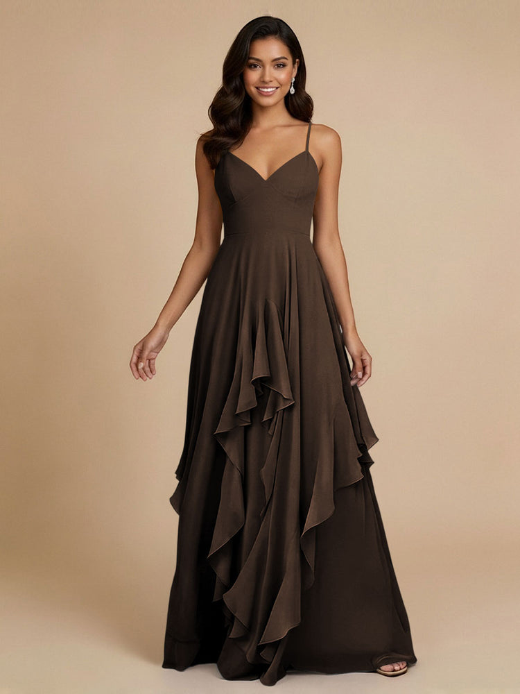 Chiffon A-Line Spaghetti Straps Long Bridesmaid Dresses with Ruffles