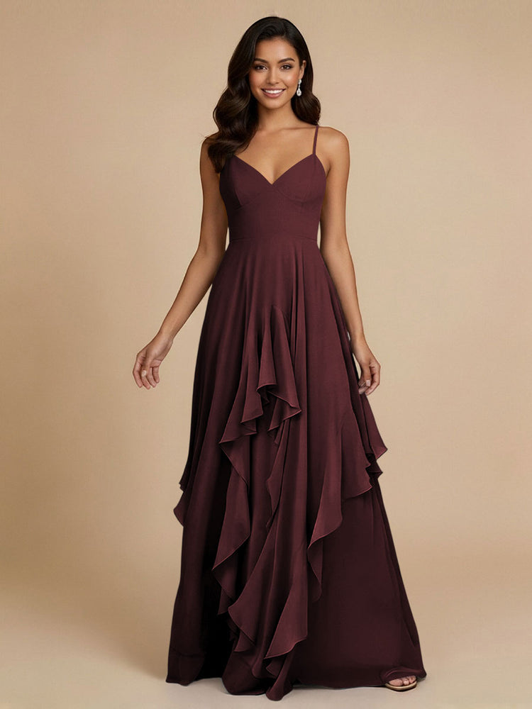 Chiffon A-Line Spaghetti Straps Long Bridesmaid Dresses with Ruffles