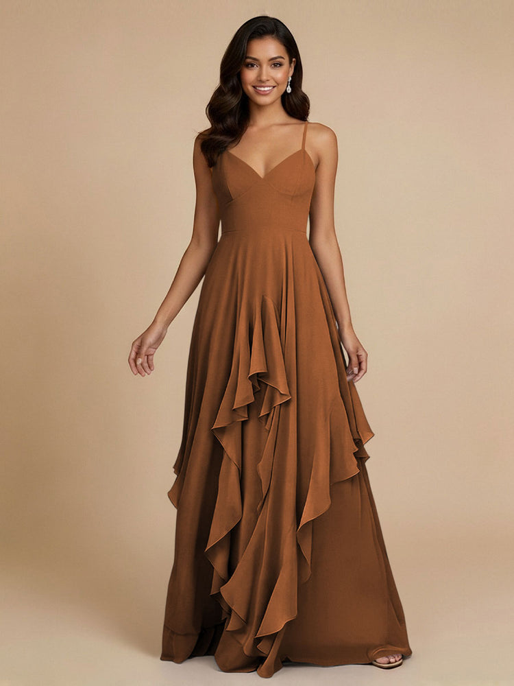 Chiffon A-Line Spaghetti Straps Long Bridesmaid Dresses with Ruffles