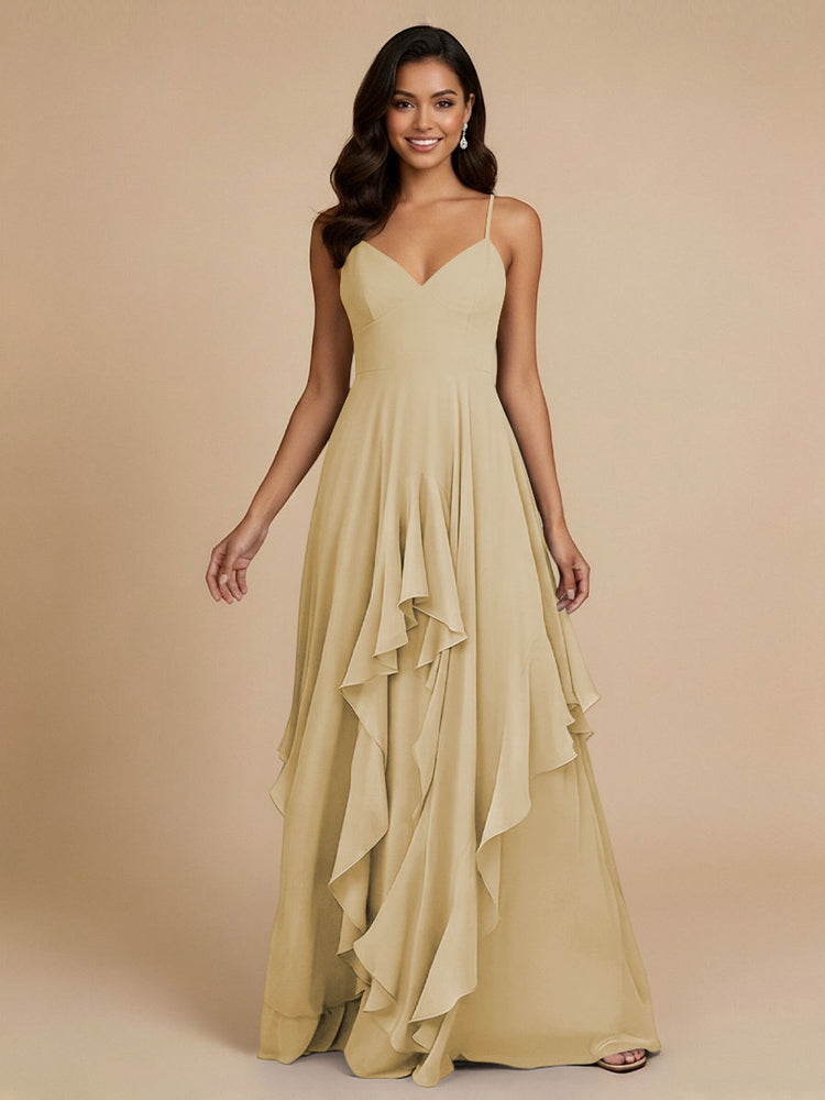 Chiffon A-Line Spaghetti Straps Long Bridesmaid Dresses with Ruffles