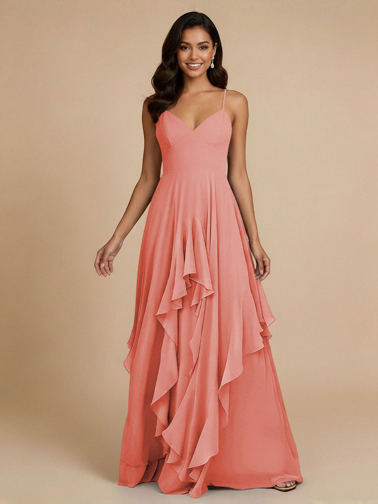 Chiffon A-Line Spaghetti Straps Long Bridesmaid Dresses with Ruffles