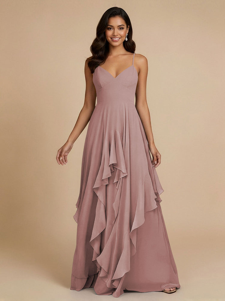 Chiffon A-Line Spaghetti Straps Long Bridesmaid Dresses with Ruffles