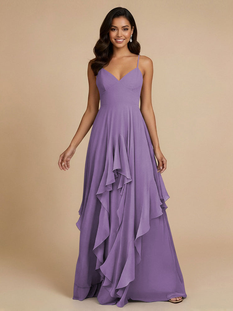 Chiffon A-Line Spaghetti Straps Long Bridesmaid Dresses with Ruffles