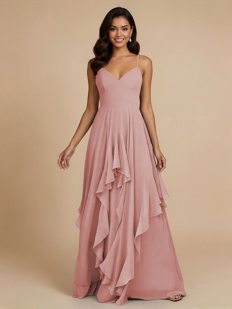 Chiffon A-Line Spaghetti Straps Long Bridesmaid Dresses with Ruffles