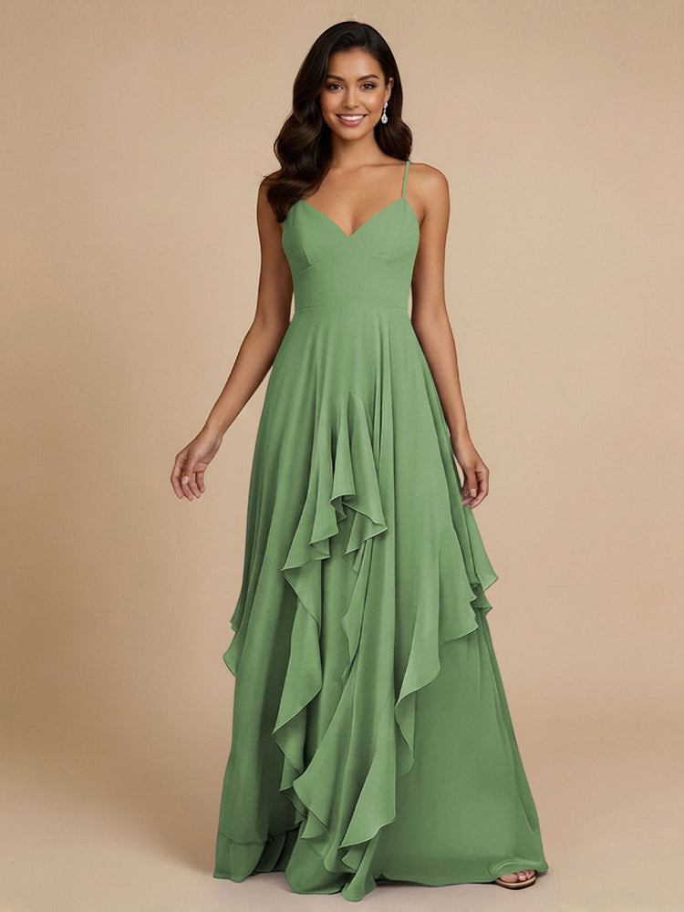 Chiffon A-Line Spaghetti Straps Long Bridesmaid Dresses with Ruffles