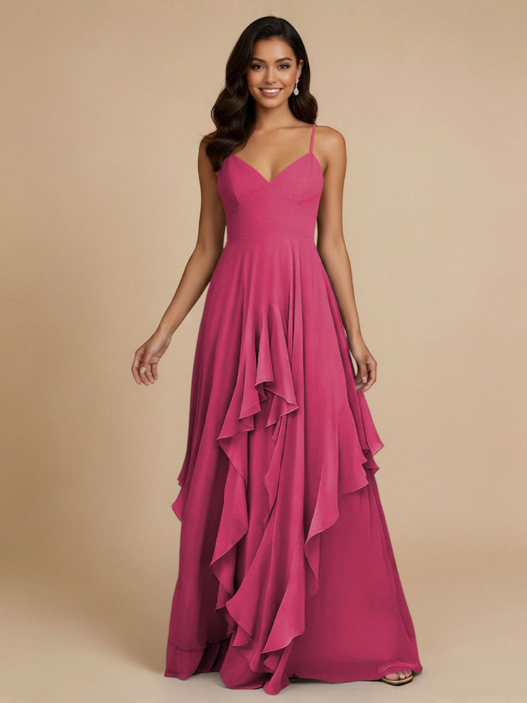 Chiffon A-Line Spaghetti Straps Long Bridesmaid Dresses with Ruffles