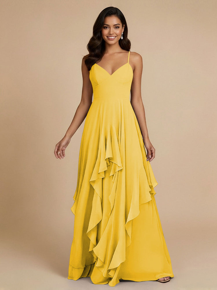 Chiffon A-Line Spaghetti Straps Long Bridesmaid Dresses with Ruffles