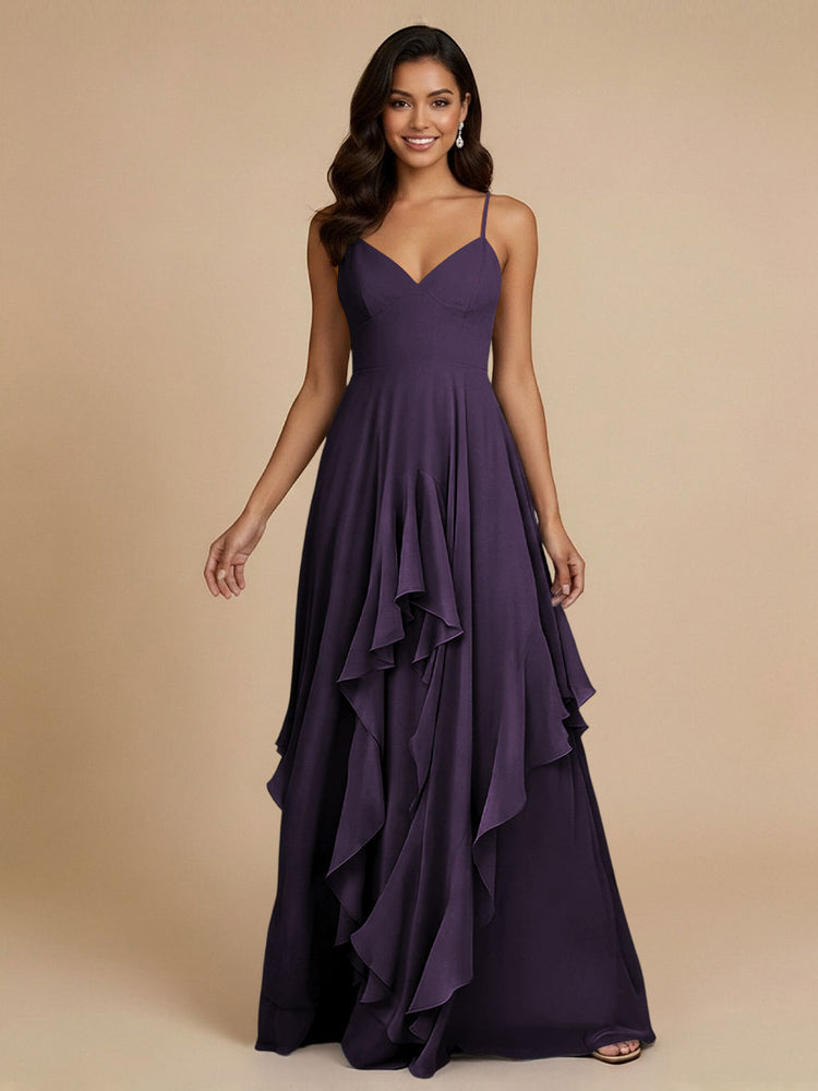 Chiffon A-Line Spaghetti Straps Long Bridesmaid Dresses with Ruffles