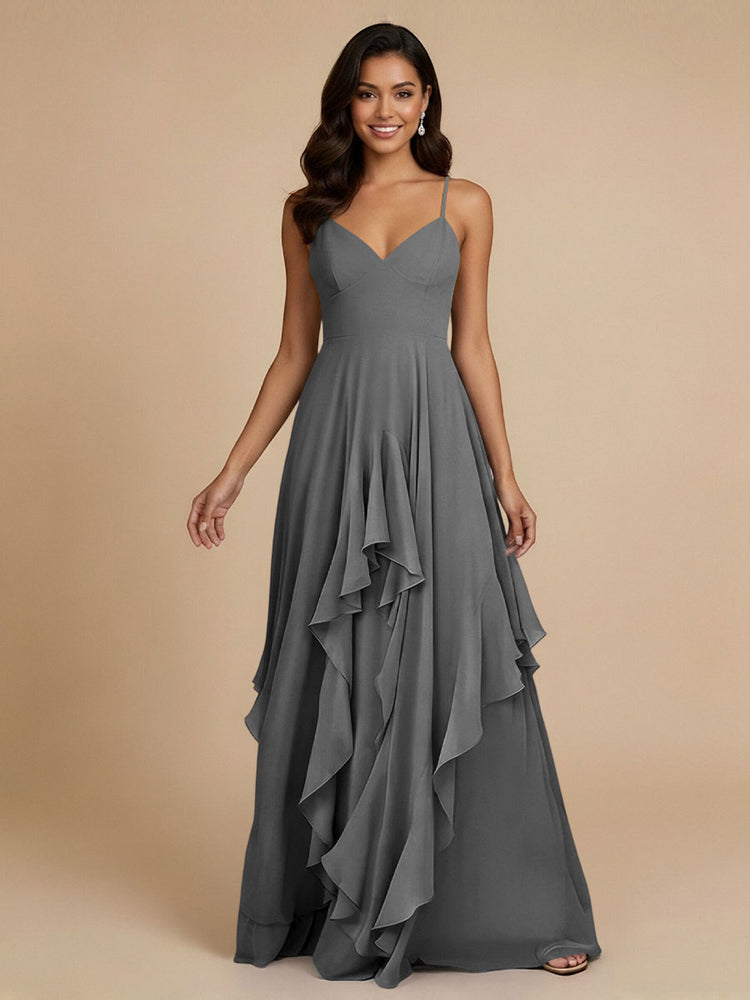 Chiffon A-Line Spaghetti Straps Long Bridesmaid Dresses with Ruffles