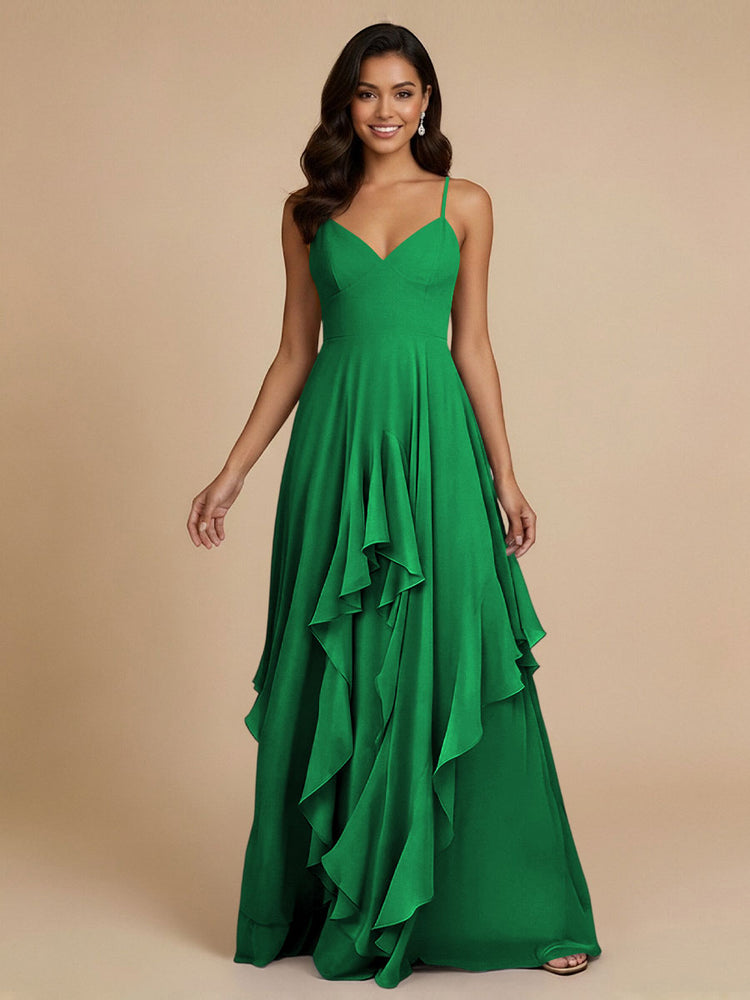Chiffon A-Line Spaghetti Straps Long Bridesmaid Dresses with Ruffles