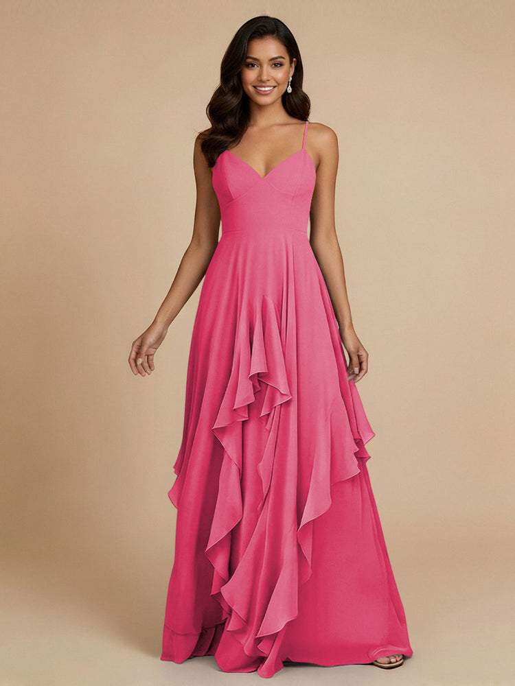 Chiffon A-Line Spaghetti Straps Long Bridesmaid Dresses with Ruffles
