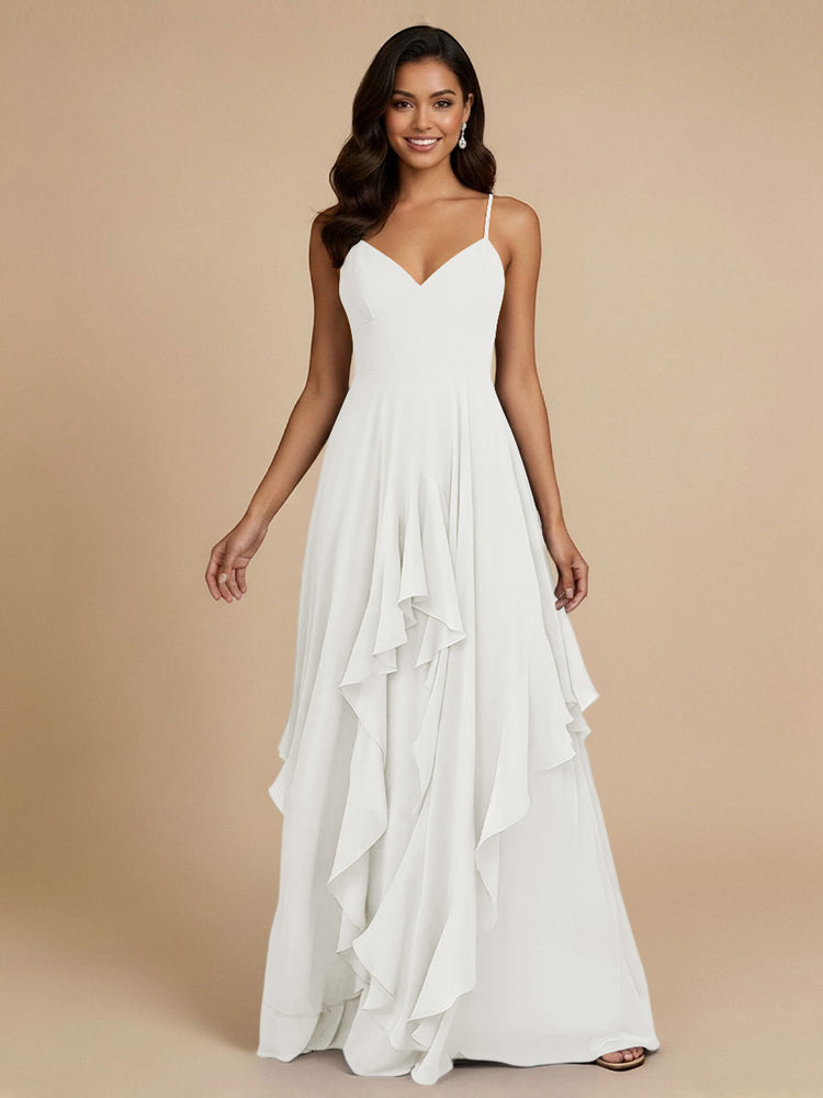 Chiffon A-Line Spaghetti Straps Long Bridesmaid Dresses with Ruffles