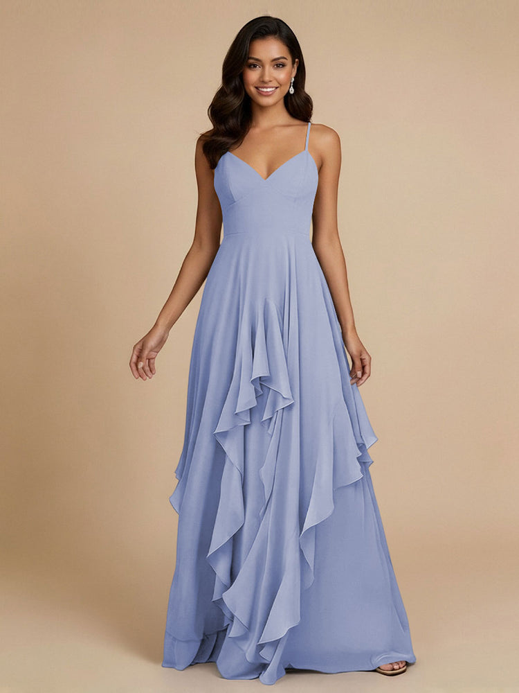 Chiffon A-Line Spaghetti Straps Long Bridesmaid Dresses with Ruffles