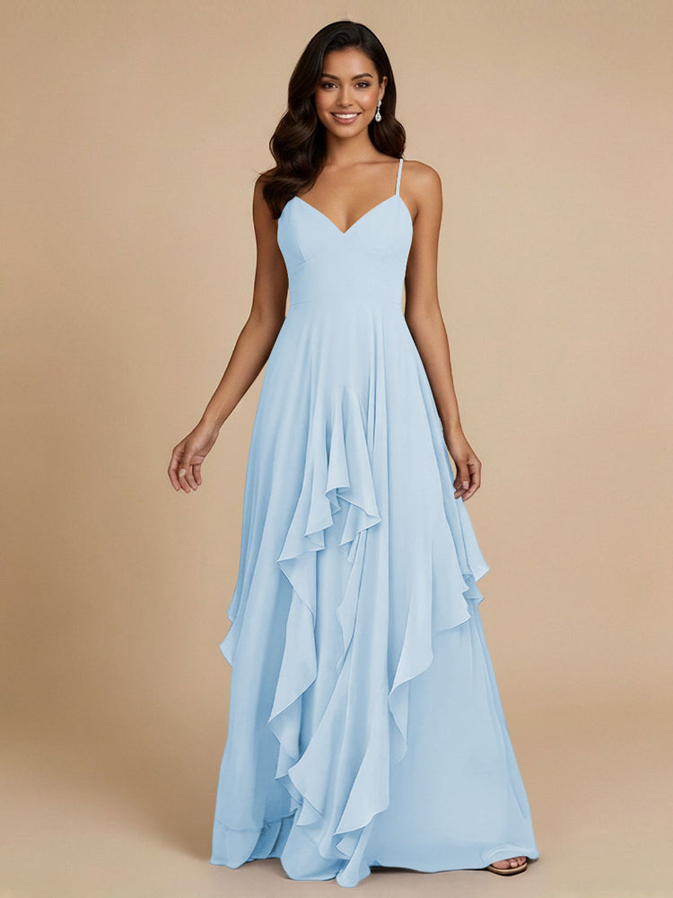 Chiffon A-Line Spaghetti Straps Long Bridesmaid Dresses with Ruffles