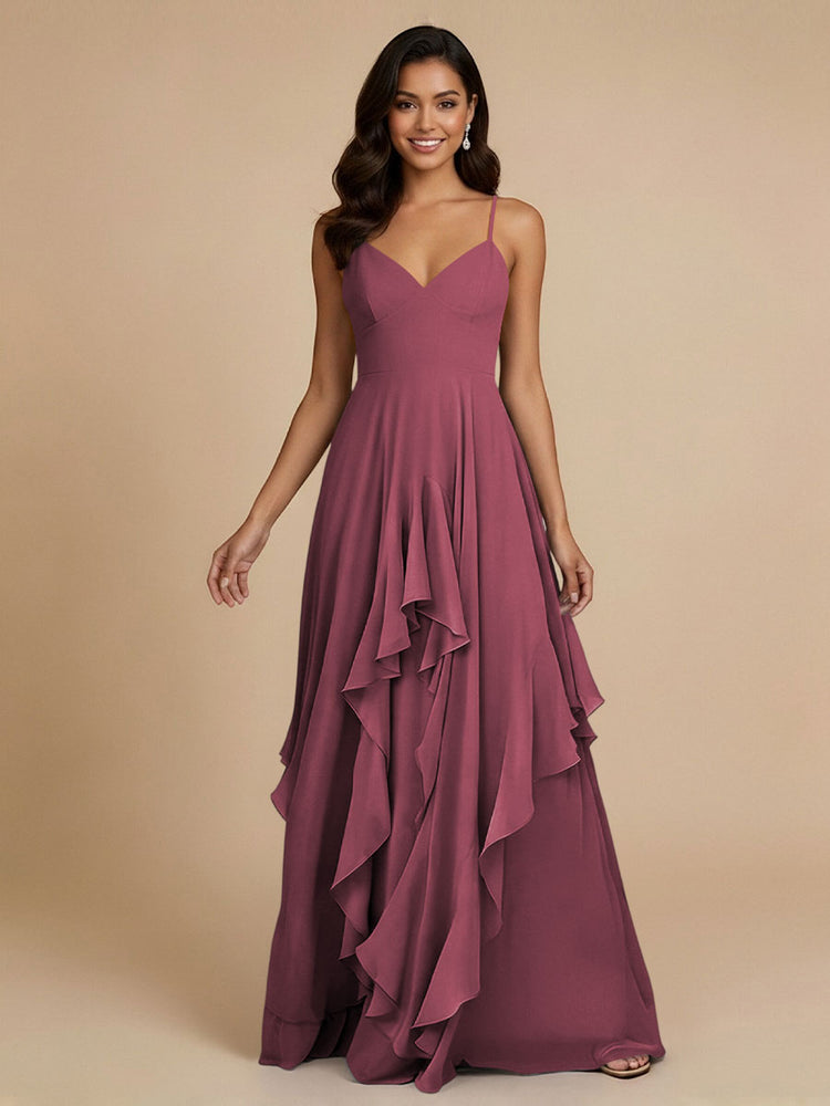 Chiffon A-Line Spaghetti Straps Long Bridesmaid Dresses with Ruffles