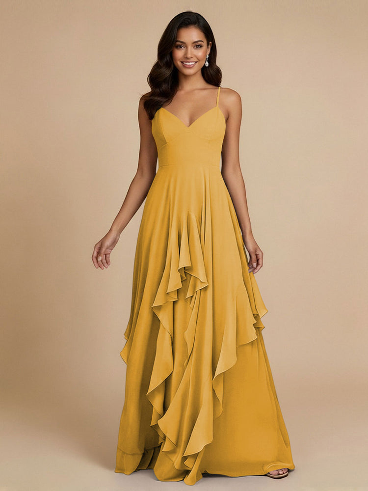 Chiffon A-Line Spaghetti Straps Long Bridesmaid Dresses with Ruffles