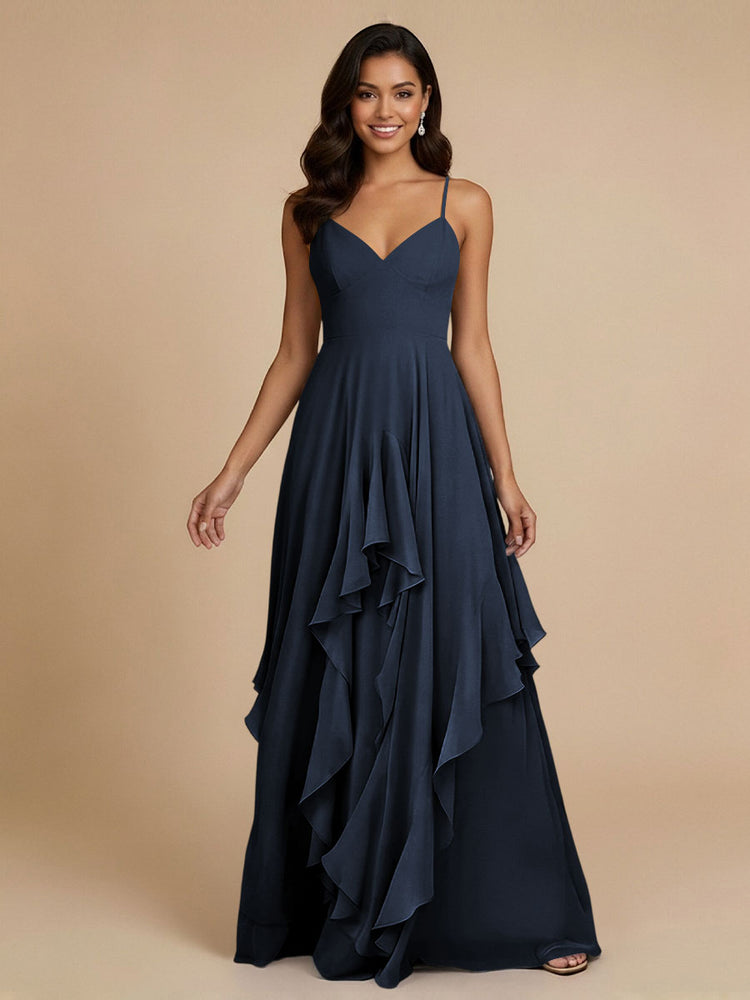 Chiffon A-Line Spaghetti Straps Long Bridesmaid Dresses with Ruffles