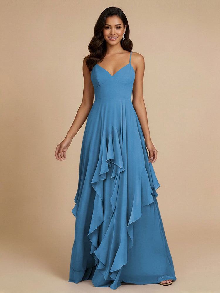 Chiffon A-Line Spaghetti Straps Long Bridesmaid Dresses with Ruffles