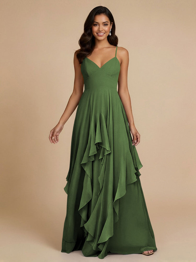Chiffon A-Line Spaghetti Straps Long Bridesmaid Dresses with Ruffles