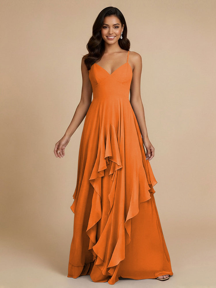 Chiffon A-Line Spaghetti Straps Long Bridesmaid Dresses with Ruffles