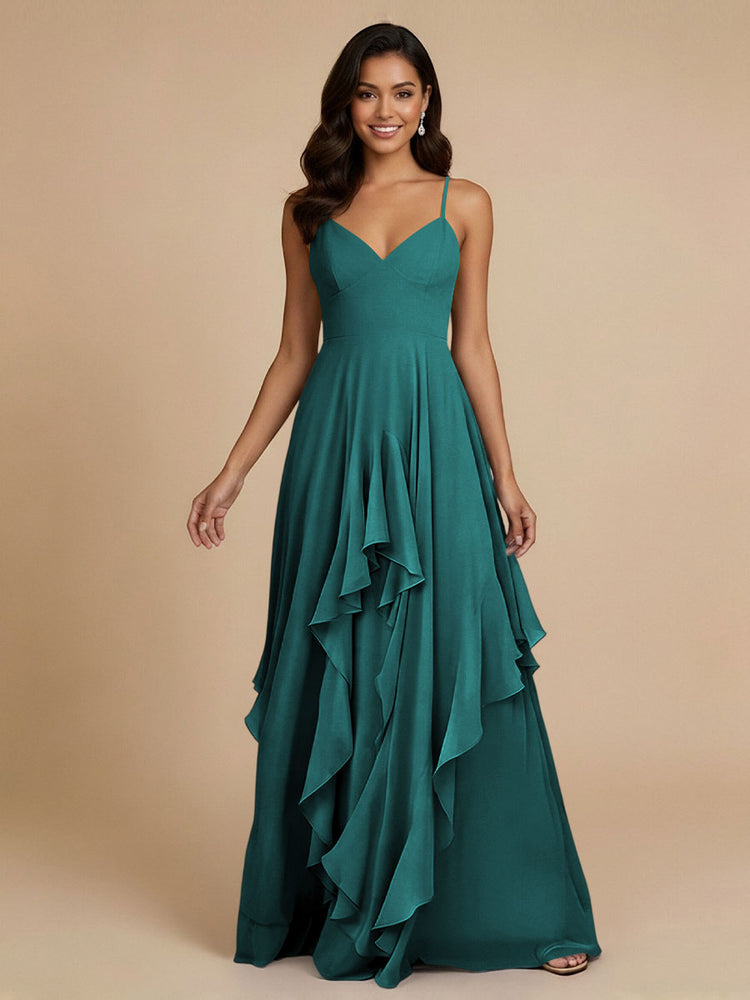 Chiffon A-Line Spaghetti Straps Long Bridesmaid Dresses with Ruffles