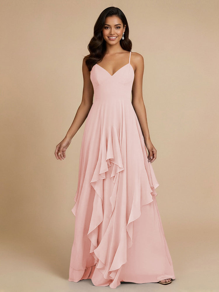 Chiffon A-Line Spaghetti Straps Long Bridesmaid Dresses with Ruffles